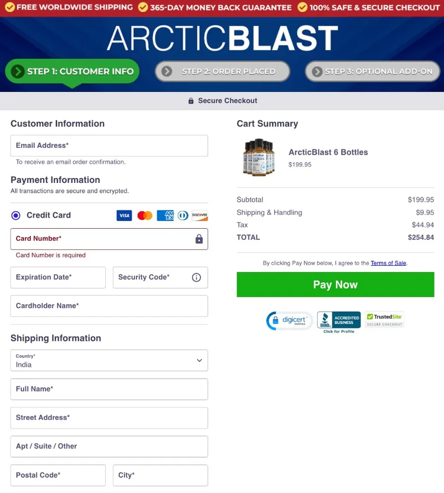 Arctic Blast secure checkout with payment shipping and order summary